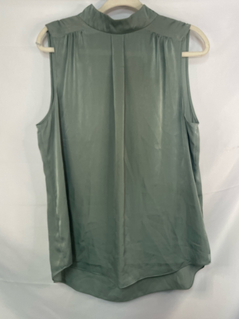 Alex Marie sea moss green satiny blouse, beautiful buttons, high neck line. Sz L